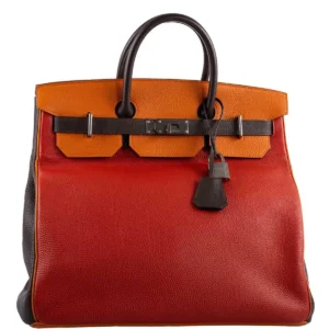 Hermès HAC Birkin 40 Tri-Color Rouge Garance, Chocolat & Terre Battue Fjord Leather Ruthenium