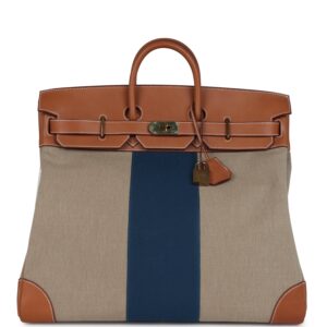 Pre-owned Hermès Birkin HAC 50 Flag Ficelle Toile H, Fauve Barenia and Bleu Toile H Canvas Gold Hardware (3)
