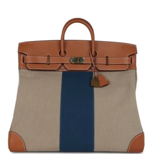 Pre-owned Hermès Birkin HAC 50 Flag Ficelle Toile H, Fauve Barenia and Bleu Toile H Canvas Gold